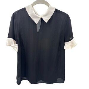 CeCe Black Sheer Blouse Size M White Collar Pleated Sleeve Peter Pan Top